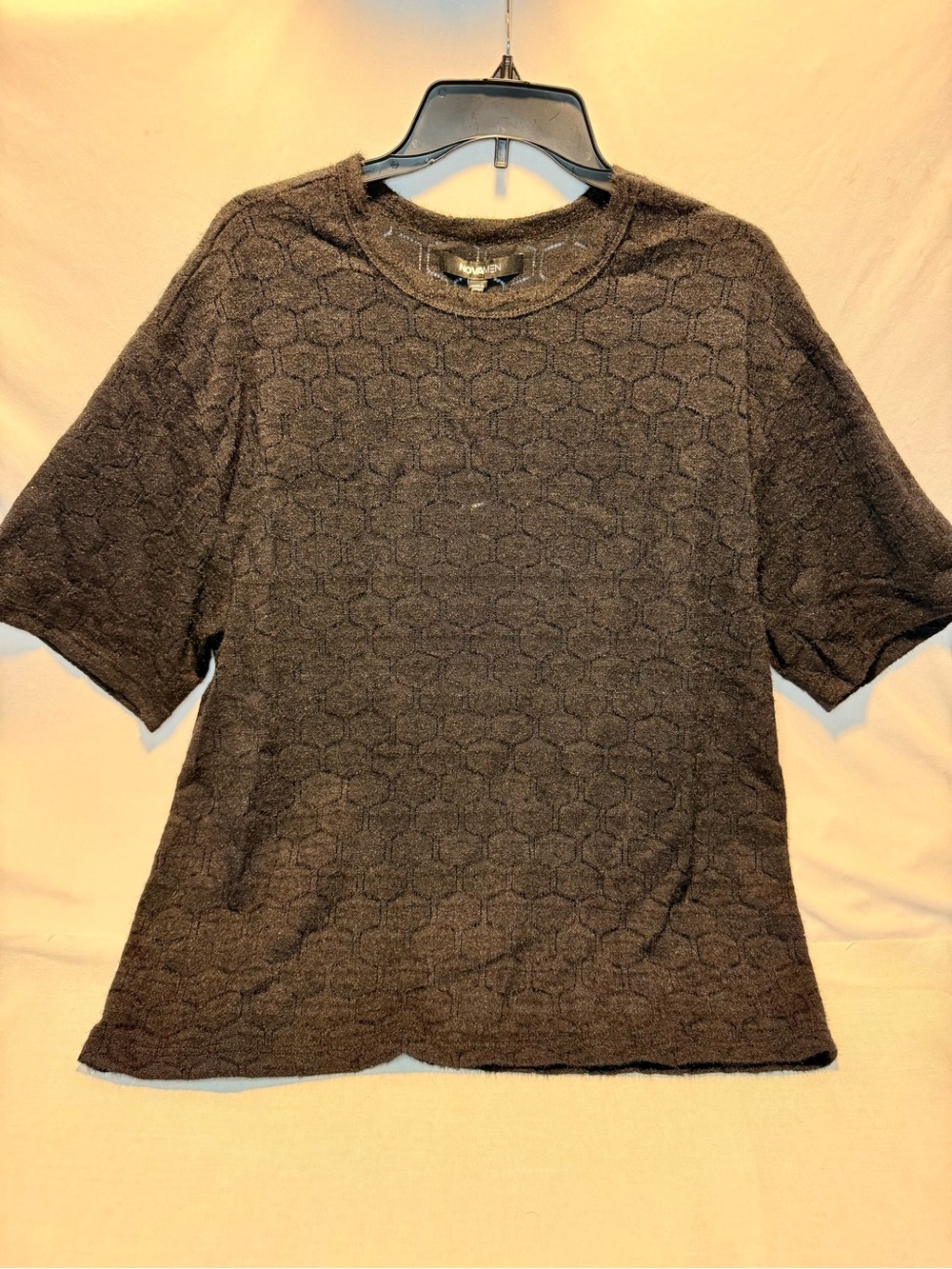 Novamen Textured Short Sleeve Open Knit Top - Black. Size Large